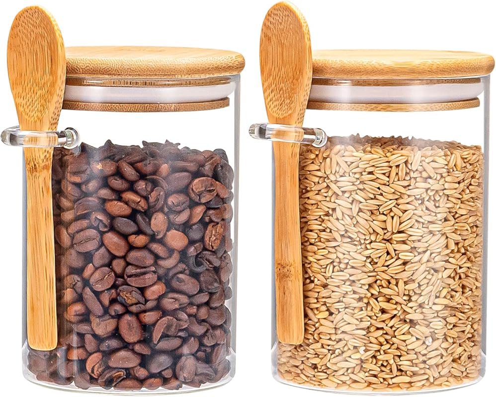 2 Set Airtight Glass Canisters with Wooden Spoon & Lids, 20 Oz Jars fo
