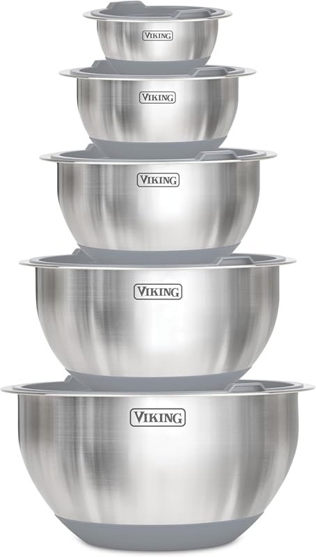 Viking 10-Piece Grey Stainless Steel Mixing Bowls with Silicone Base &
