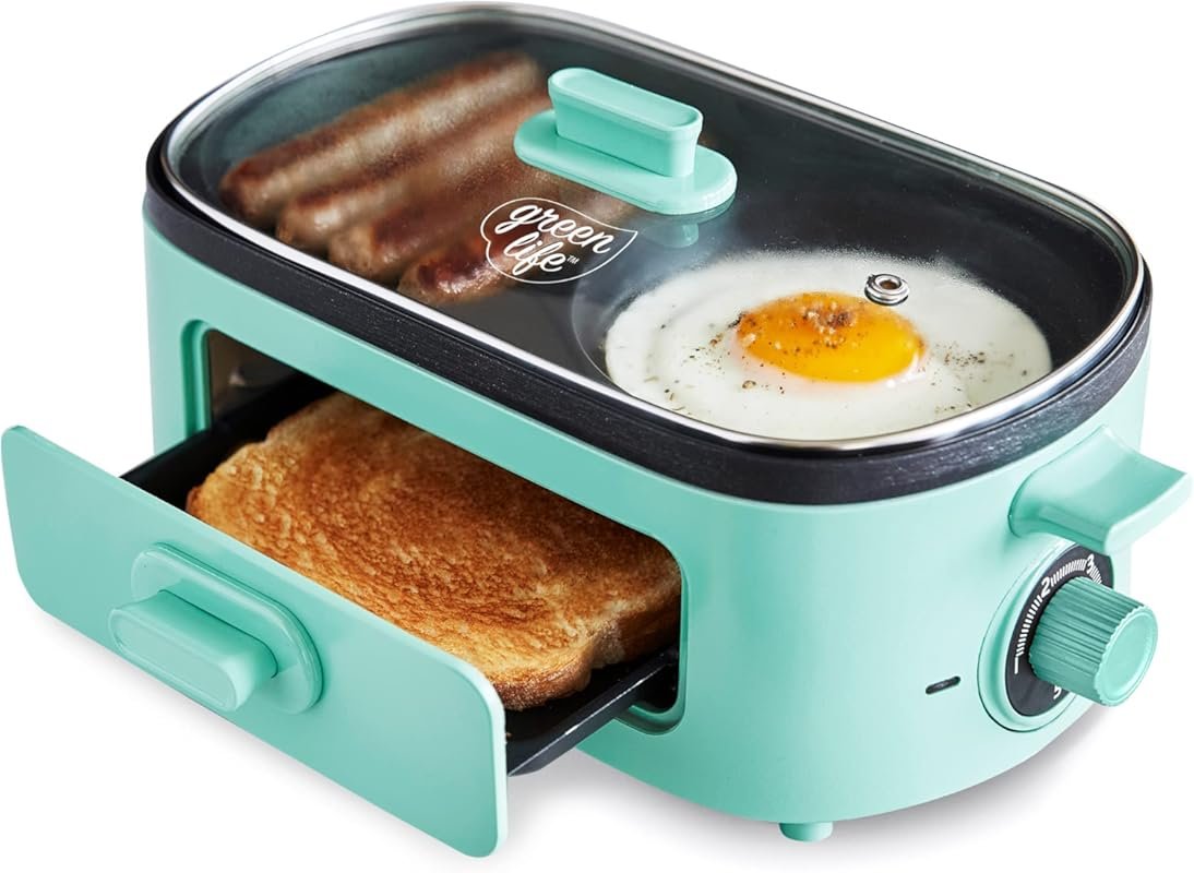 GreenLife 3-in-1 Breakfast Maker: Ceramic Nonstick Griddles & Toast Dr