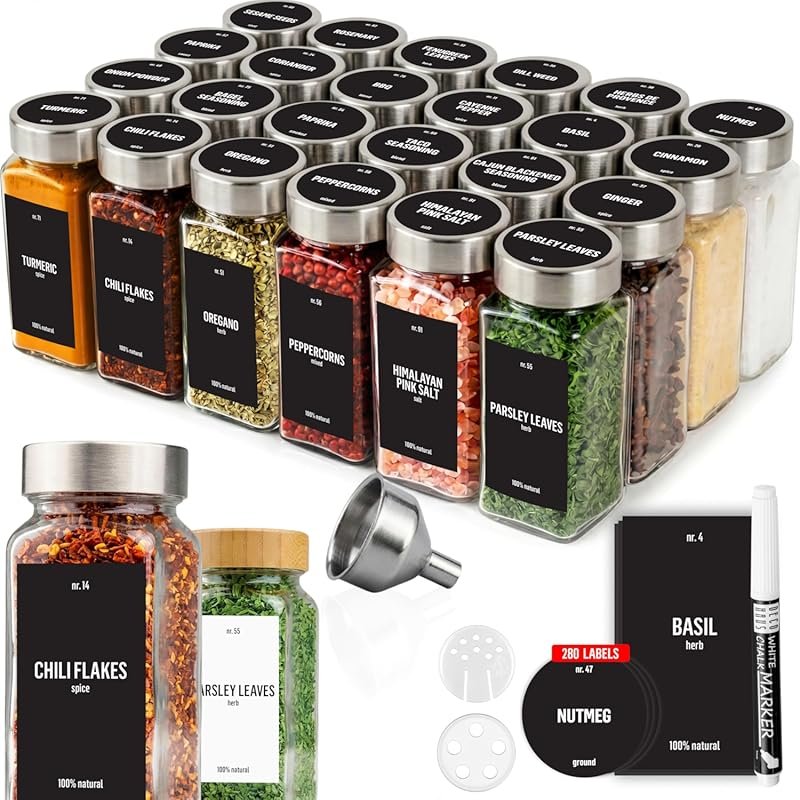Deco haus Glass Spice Jars with Label, 24 x 4oz, Includes Shaker Lids,