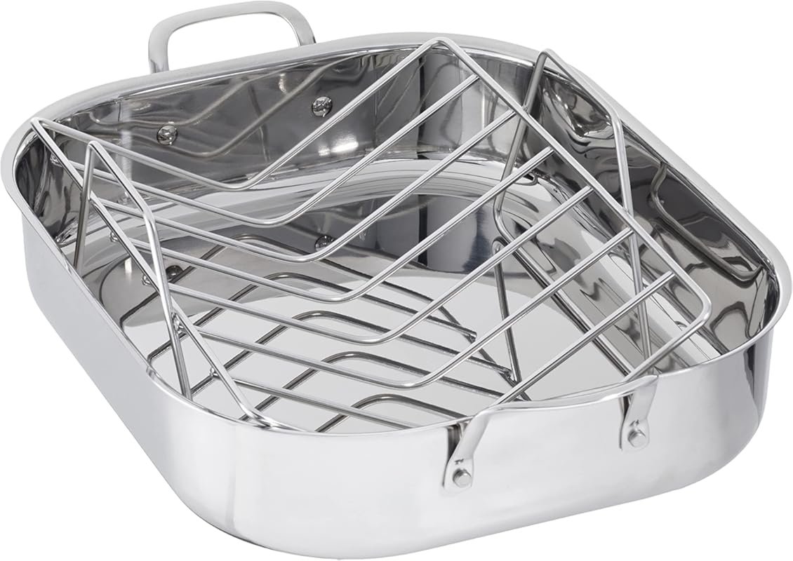 Amazon Basics Stainless Steel Rectangular Roasting Pan with Rack, Dish