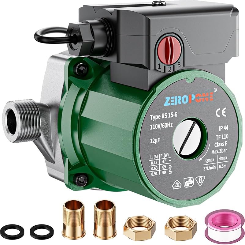 ZeroPone 93W Hot Water Circulator Pump, Stainless Steel Head, 3 Speed,