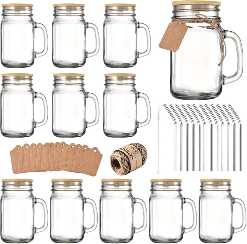 TANGLONG 16 oz Mason Jar Cups with Handle – Glass Drinking Jars with L