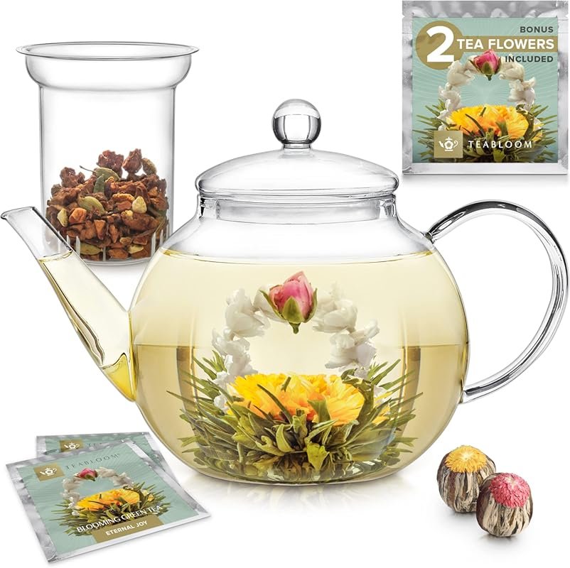Teabloom Stovetop & Microwave Safe Glass Teapot – Includes 2 Blooming