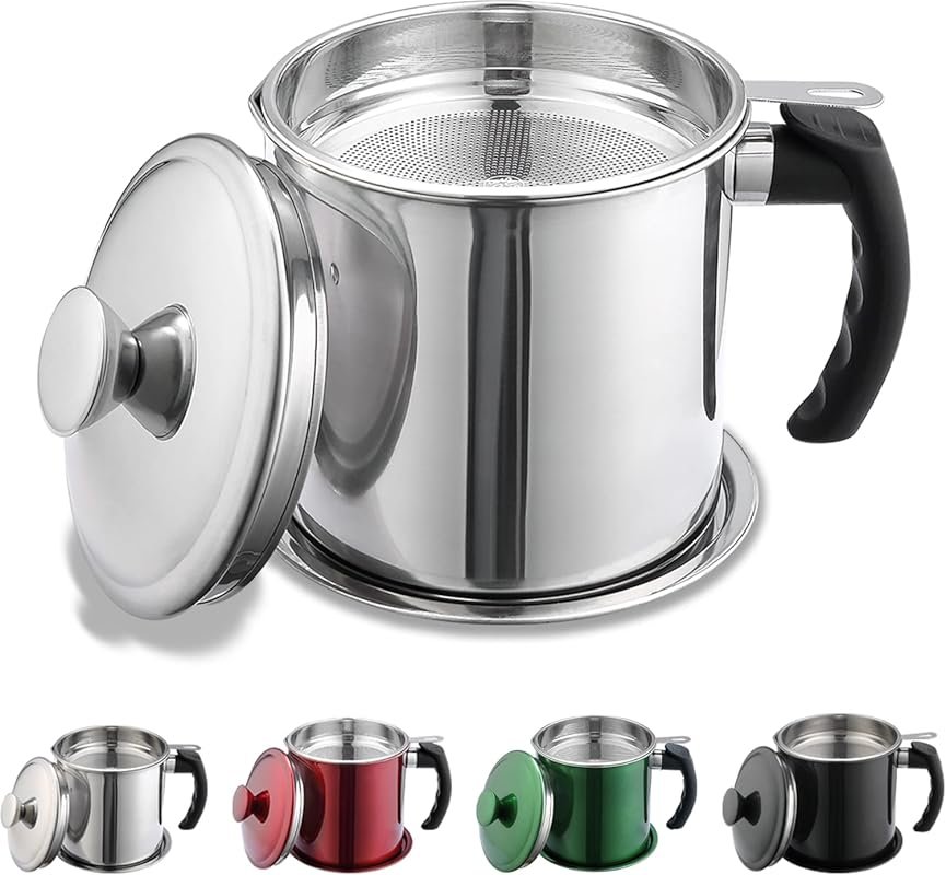 Kyraton 48oz Stainless Steel Oil Container with Strainer, Easy Grip Ha
