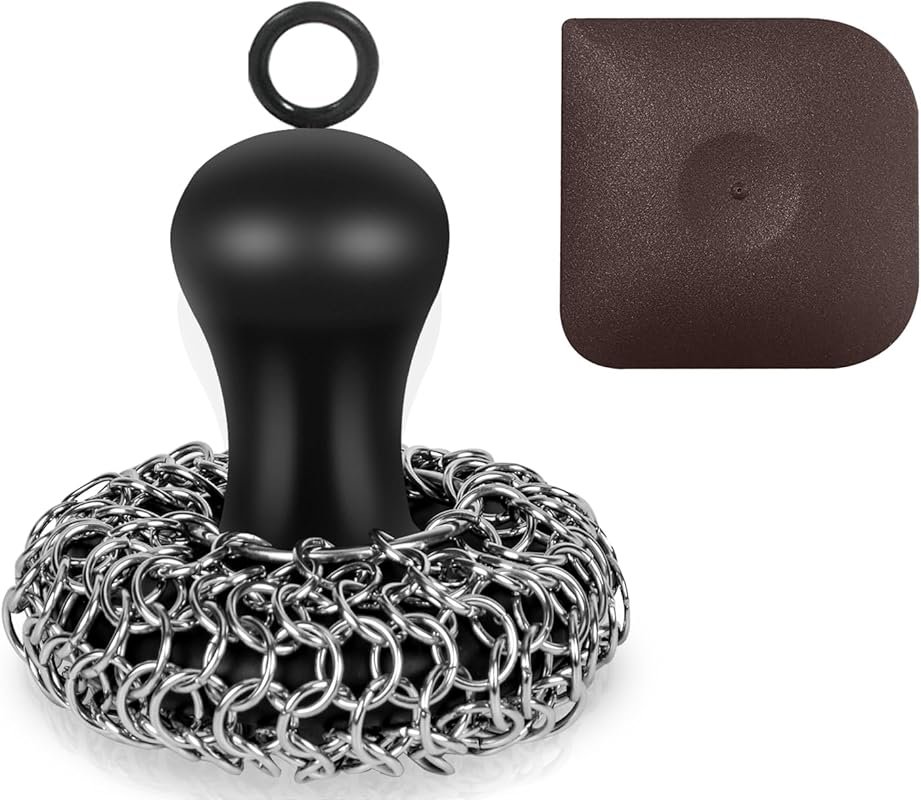 Cast Iron Scrubber with Pan Scraper – Upgraded Chainmail Sponge for Sk