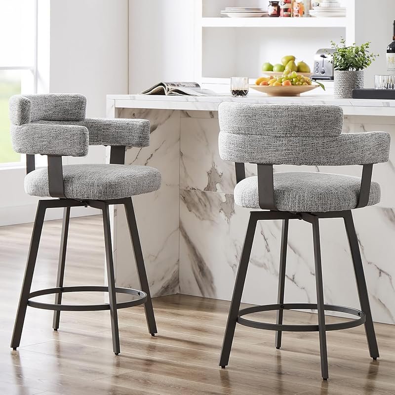 Counter Height Bar Stools with Full Back, Swivel Linen Padded Set of 2