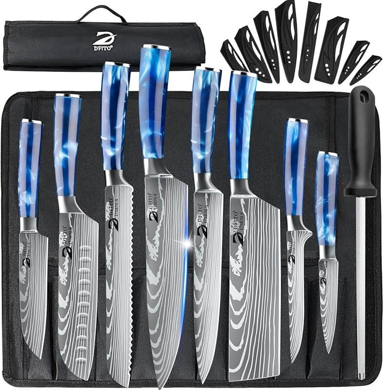 Dfito 9-Piece High Carbon Stainless Steel Chef Knife Set with Blue Res