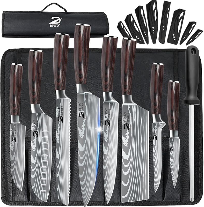 Dfito 9-Piece High Carbon Stainless Steel Chef Knife Set with Red Pakk