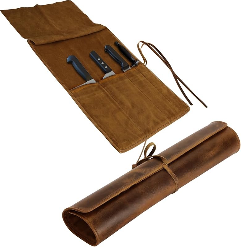 ELIZO Leather Knife Roll Bag with 4 Slots, Durable Cooks' Knife Storag