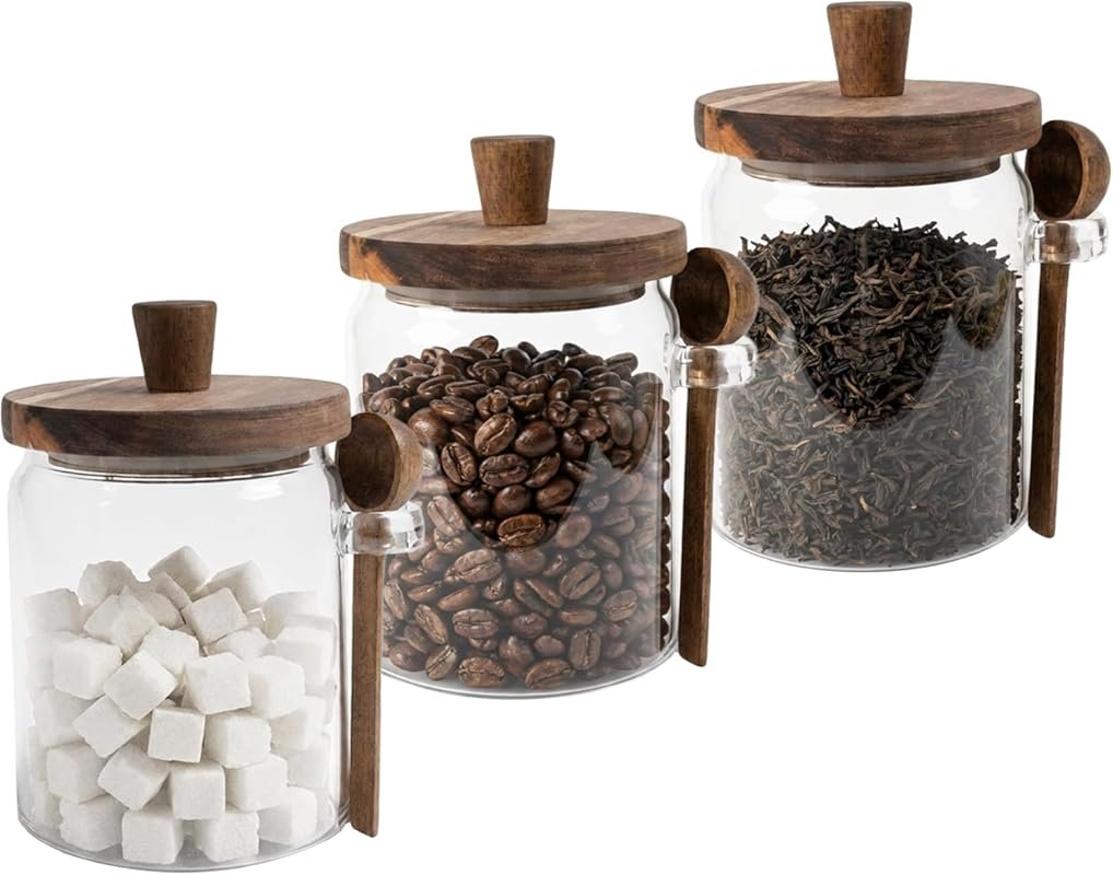 Set of 3 Clear Glass Jars with Wooden Lids & Scoop, 31oz Kitchen Stora