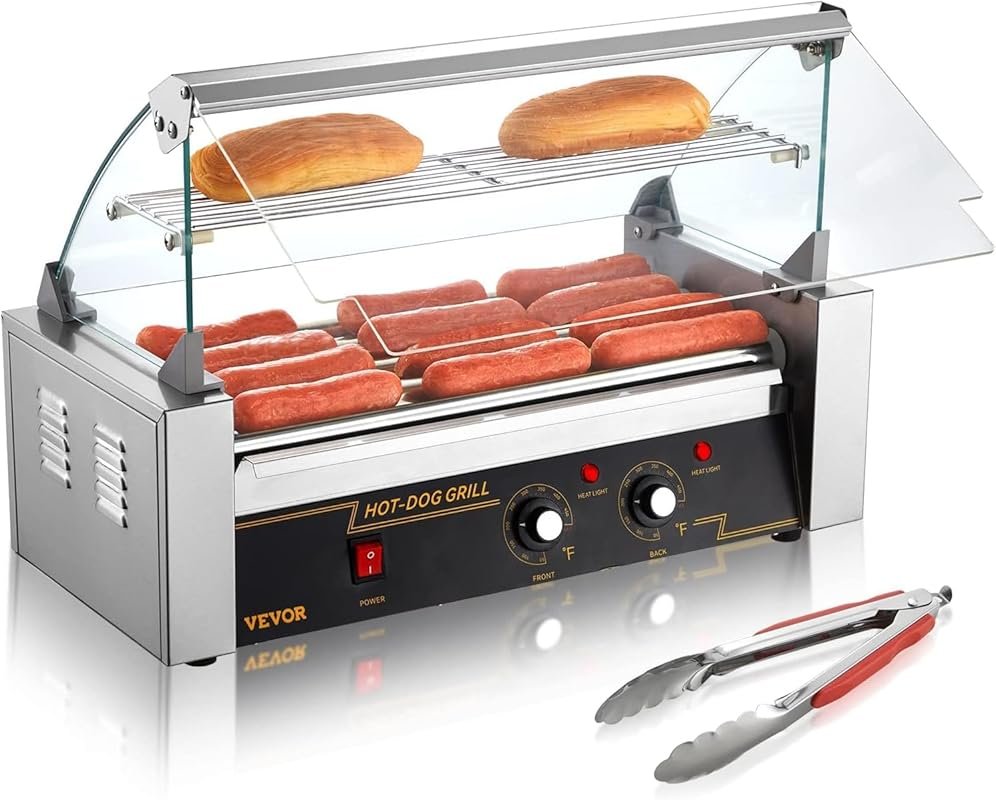 VEVOR 5-Roller Hot Dog Grill with Dual Temp Control, Glass Hood & Bun Warmer