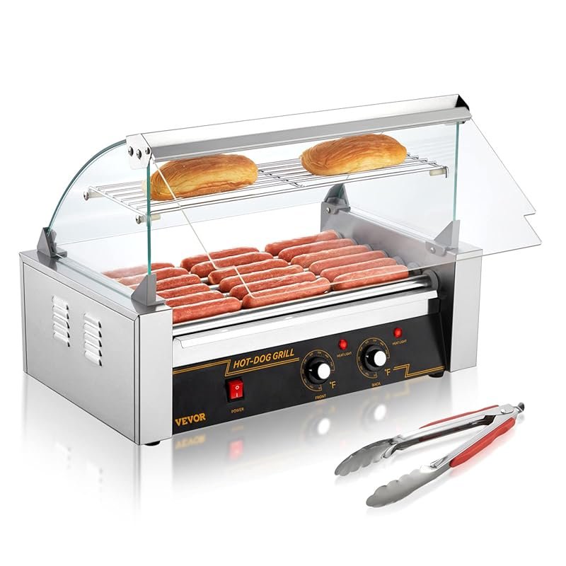 VEVOR 7-Roller Hot Dog Grill with Dual Temp Control, Glass Hood & Bun Warmer