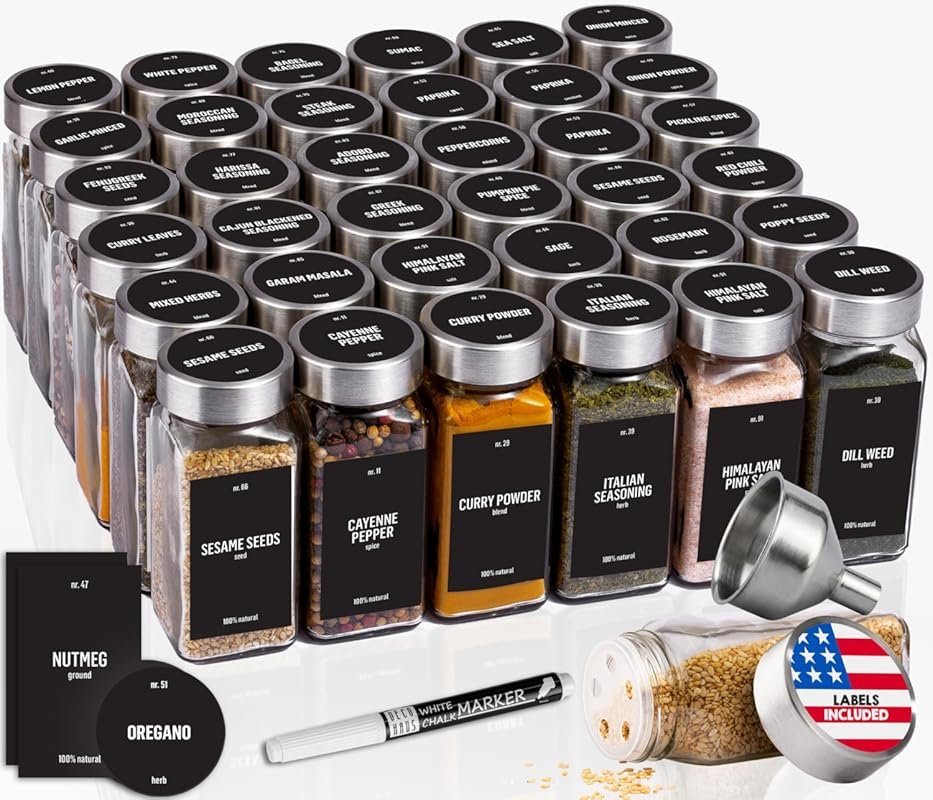 Deco haus Glass Spice Jars with Stainless Steel Lids, 36 x 4oz, Includ