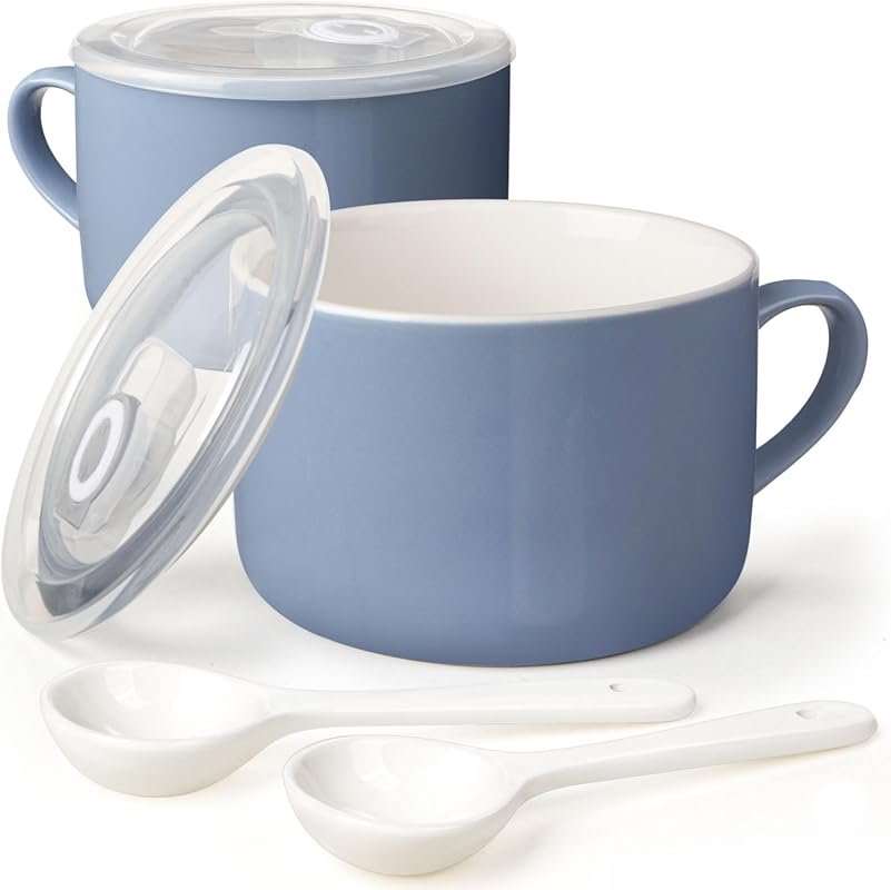 Sky Blue Ceramic Ramen Bowl with Handles & Spoons, 30oz Soup Mug with