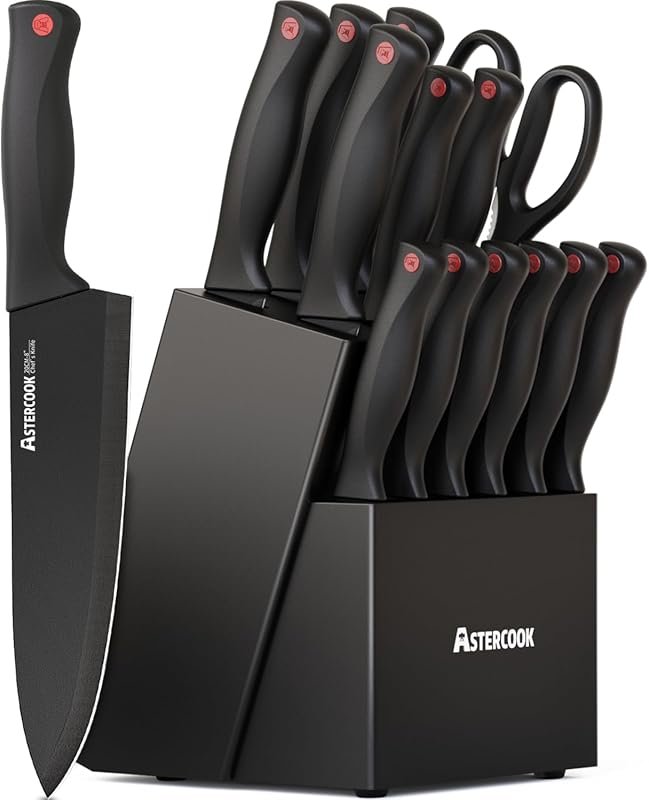 Astercook 15-Piece Dishwasher Safe German Stainless Steel Knife Set wi