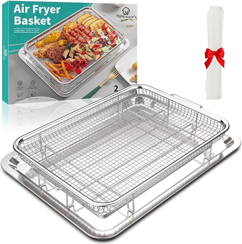 OPENICE 15.3″×11″ Large Stainless Steel Air Fryer Tray with 30 Parchme