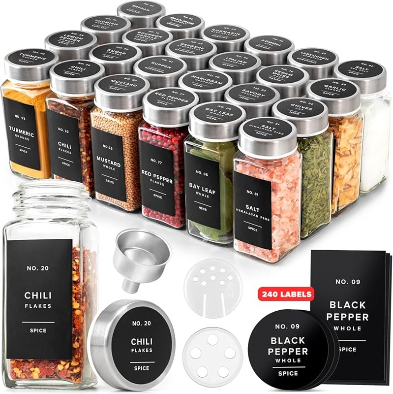 EDELHAUS Glass Spice Jars with Labels and Steel Lids (24 x 4oz), Inclu