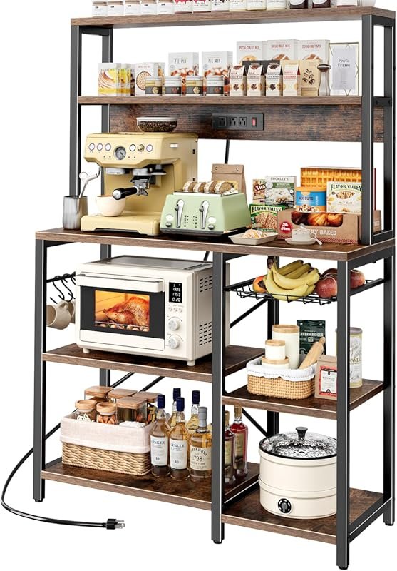 SUPERJARE 35.4‑Inch Bakers Rack Coffee Bar with Wire Basket, Power Outlet