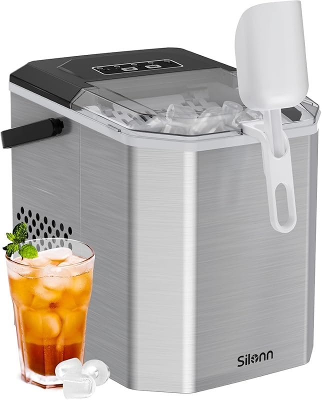 Stainless Steel Ice Maker with Carry Handle, 9 Cubes in 6 Mins, Self-C