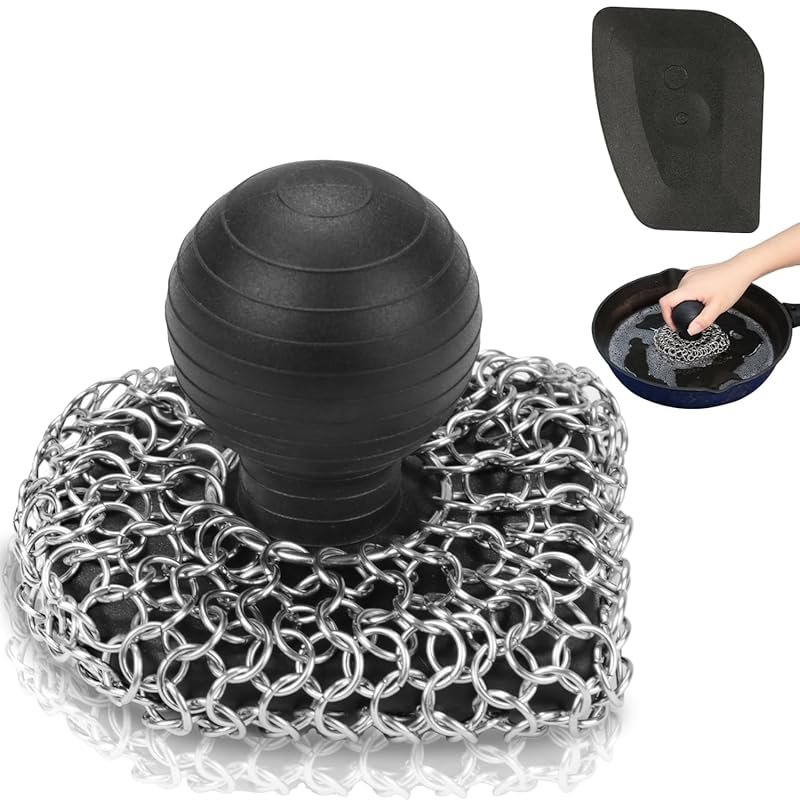 Cast Iron Scrubber with Pan Scraper, 316 Chainmail Scrubber for Skille