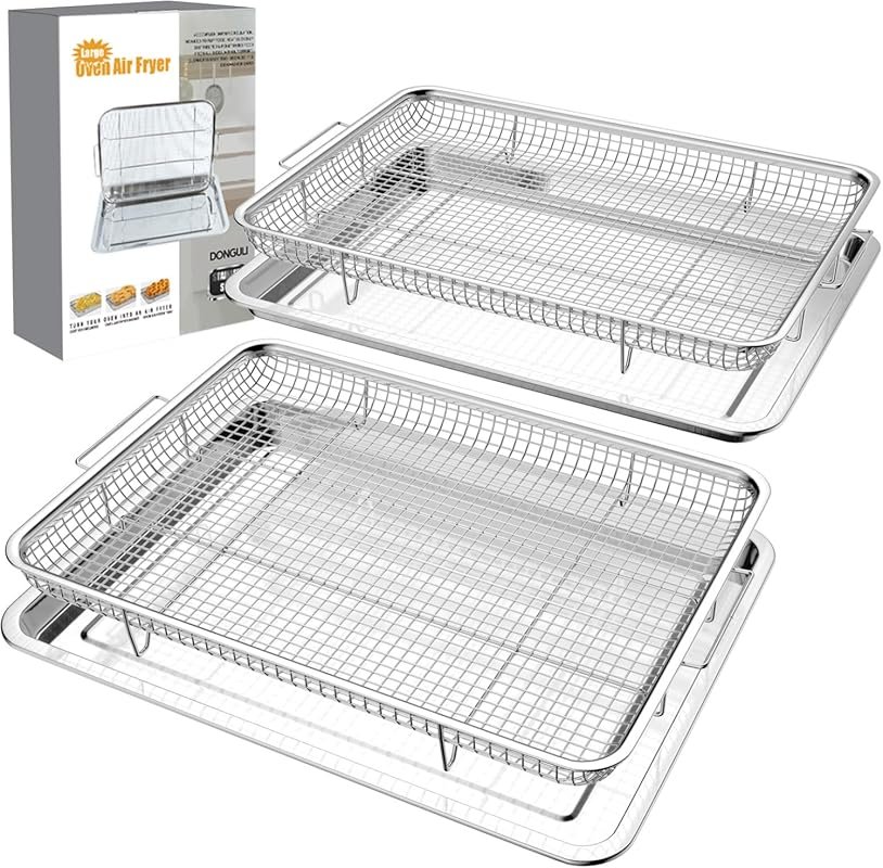 DONGULI 2 Set Large Stainless Steel Air Fryer Basket & Tray for Oven B
