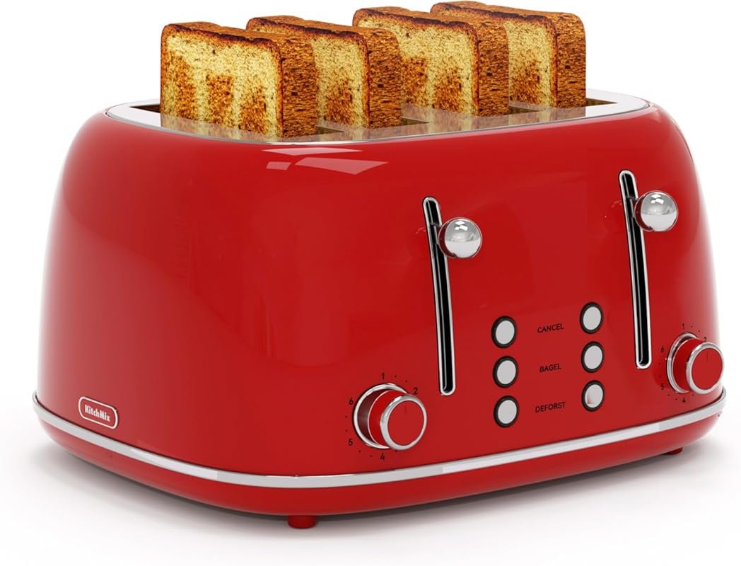 Retro Stainless Steel 4-Slice Toaster with 6 Shade Settings, Defrost &