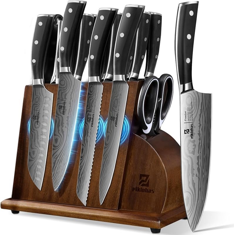 Piklohas 17-Piece Kitchen Knife Set with Magnetic Holder & Damascus Pa