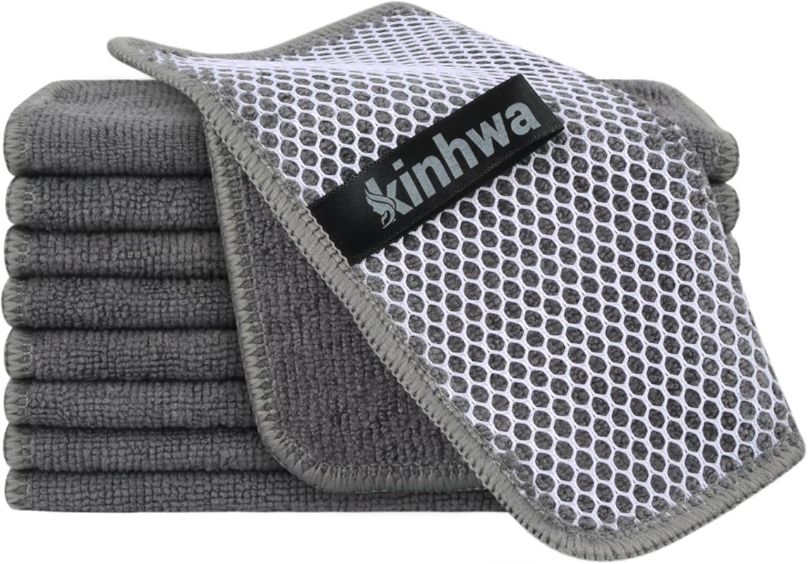 KinHwa Absorbent Microfiber Dish Cloths with Poly Scour Side, Quick Dr