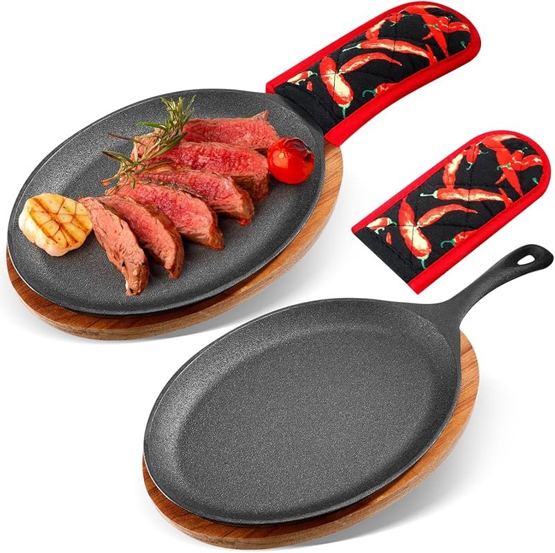 Lallisa 2-Pack Cast Iron Fajita Plate Set with Wooden Tray & Hot Mitt 
