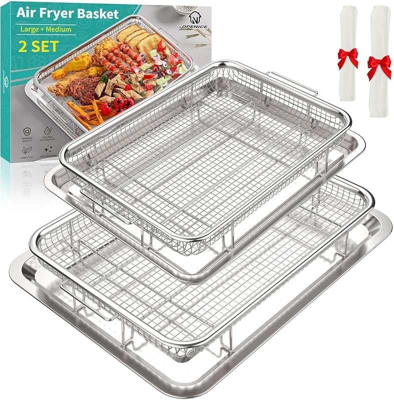 OPENICE 2 Set Non-Stick Air Fryer Pan & Crisper Tray for Oven, Large &