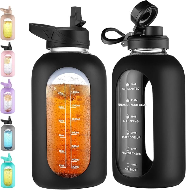 CIVAGO 64oz Half Gallon Glass Water Bottle with Straw, Wide Mouth & Ti