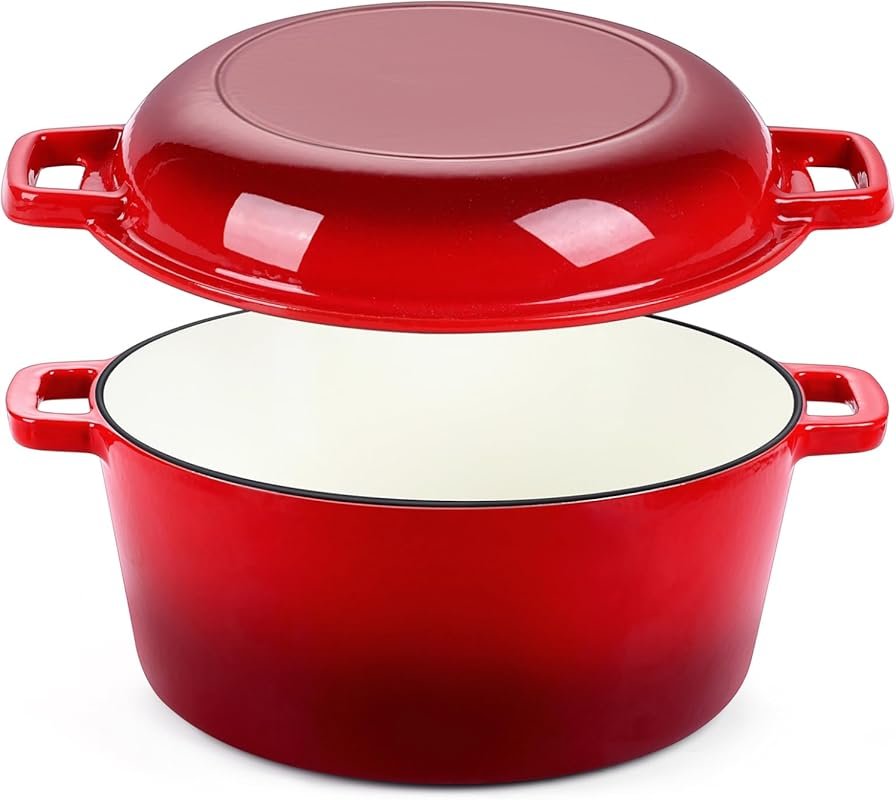 P&P CHEF Red 5Qt 2-in-1 Cast Iron Dutch Oven with Skillet Lid for Brea