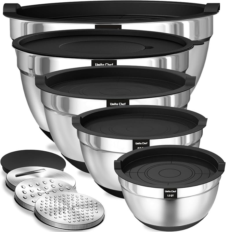 Umite Chef 8PCS Black Stainless Steel Nesting Mixing Bowls with Lids, 