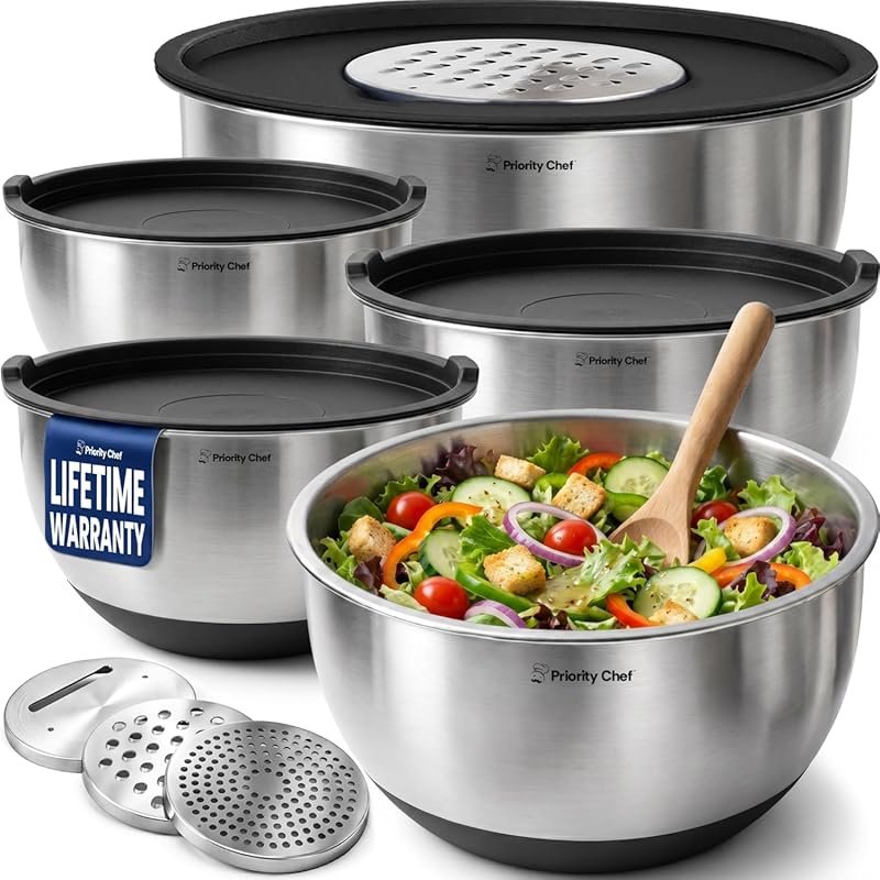 Priority Chef Stainless Steel Mixing Bowls with Airtight Lids, 3 Grate