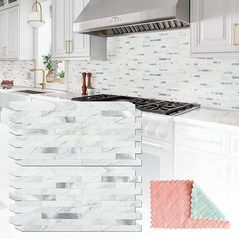 StyloVue 20 Sheets White Marble Peel and Stick Backsplash Tiles with S