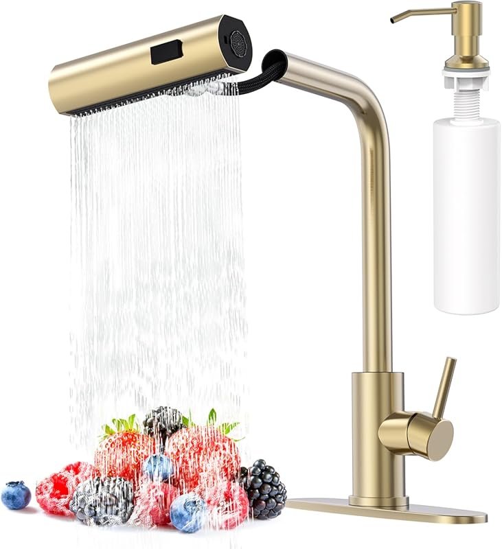 AVSIILE Brushed Gold Waterfall Kitchen Faucet with Pull Down Sprayer &