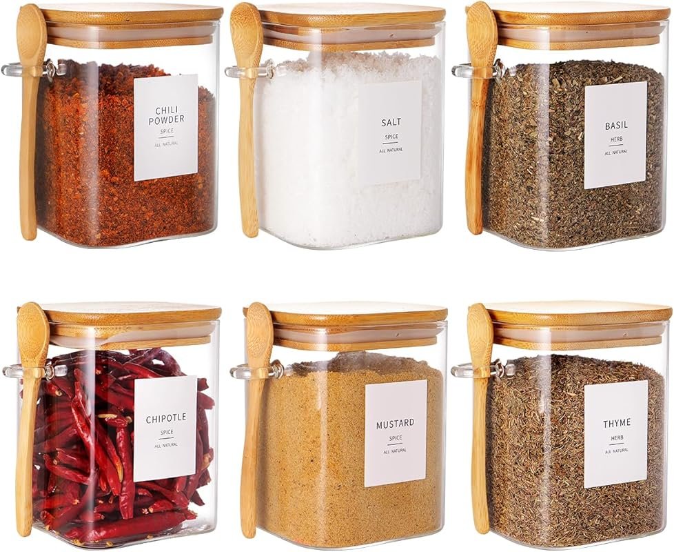 HHMJSM 6-Pack Square Glass Jars with Bamboo Lid & Spoon, 27oz Sugar Co