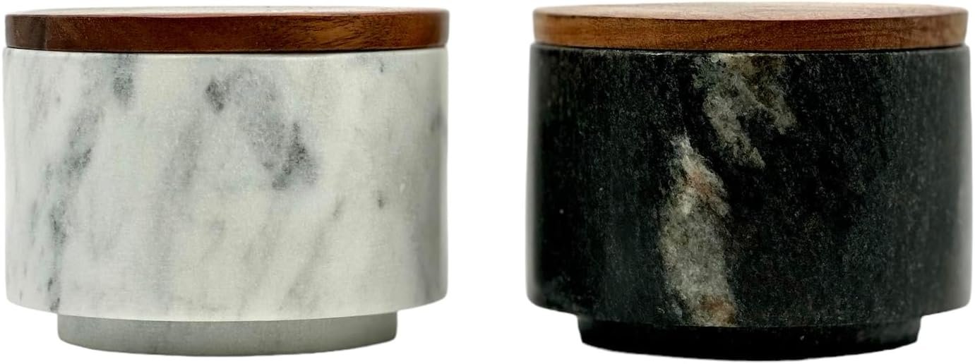 Large Marble Salt & Pepper Cellar Set – Stackable, Air-Tight, Space-Sa