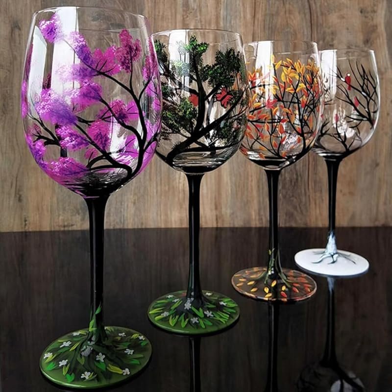 Four Seasons Tree Hand Painted Wine Glasses – Fall Leaves & Flowers – 