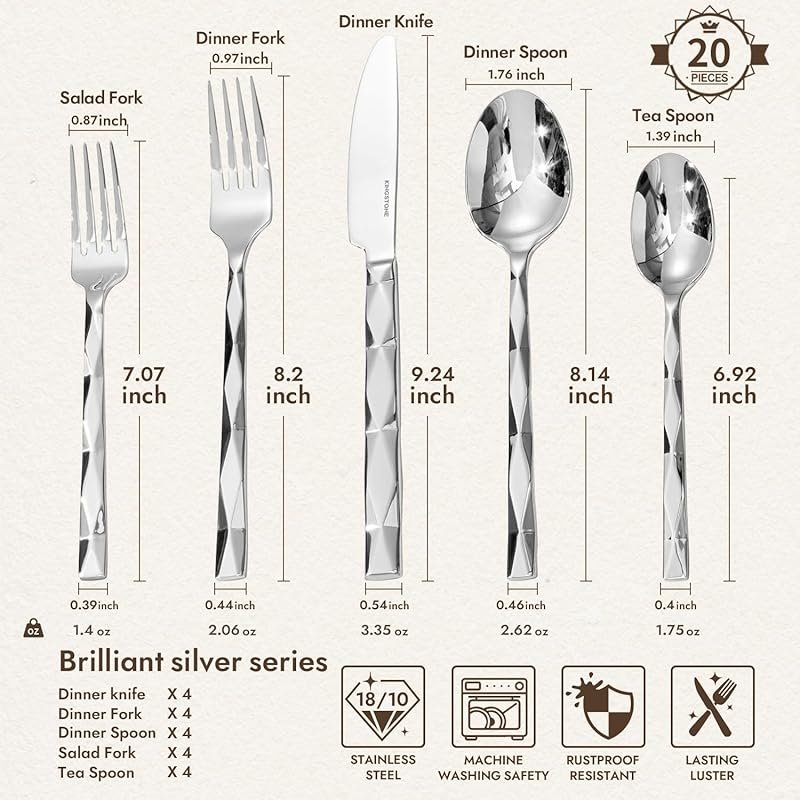 KINGSTONE Luxury 20-Piece Diamond Cut Flatware Set for 4, 18/10 Stainl