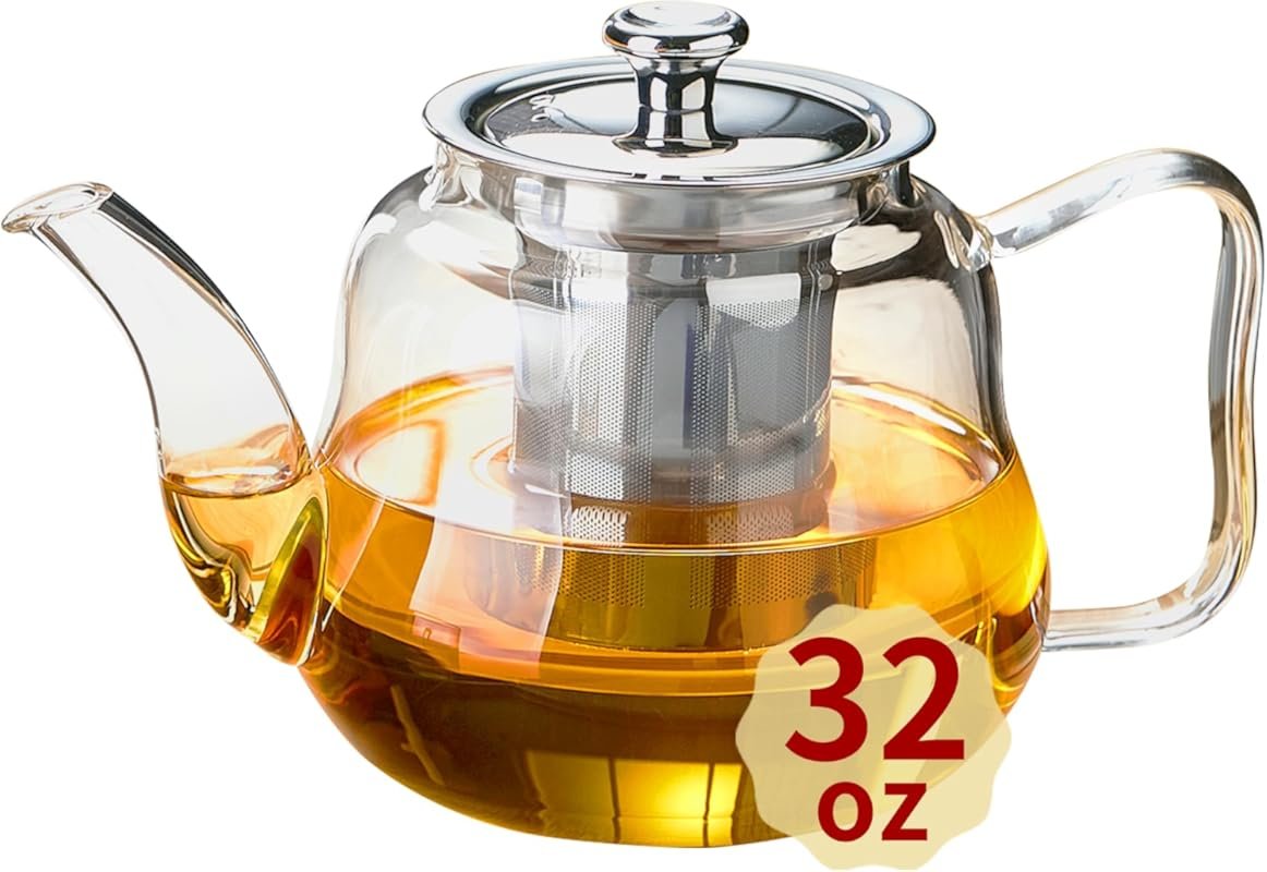 32 fl oz Glass Tea Pot with Infuser – Borosilicate, Heat Resistant for