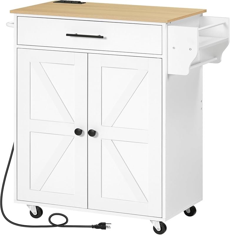HOOBRO Rolling Kitchen Island with Large Worktop, Power Outlet, Spice 