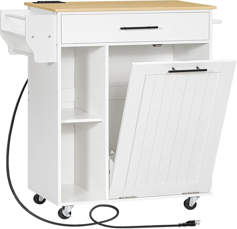 HOOBRO Mobile Kitchen Island with Trash Can Storage, Power Outlet & Dr