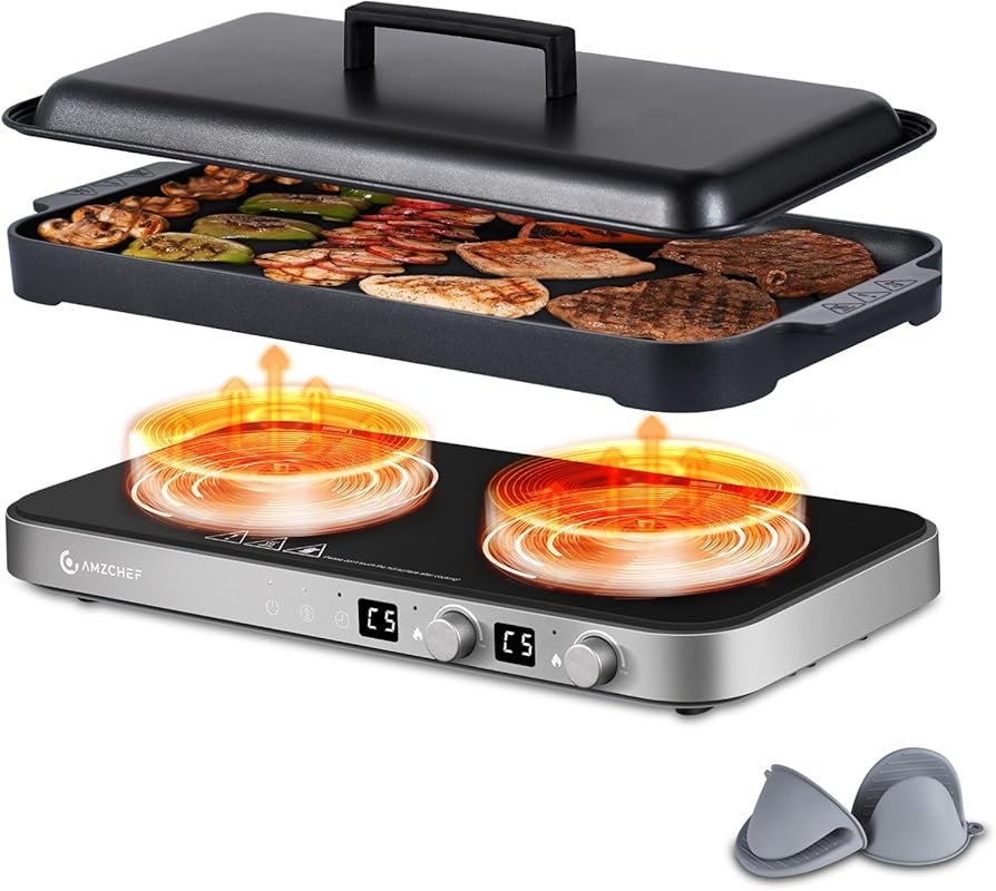 AMZCHEF 1800W Double Induction Cooktop with Non-stick Removable Griddl