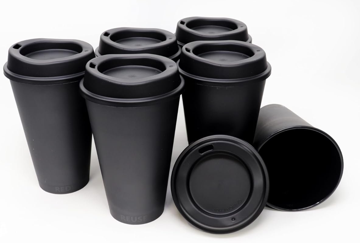 Rolling Sands USA Made 16 oz Reusable Coffee Cups with Lids, 6-Pack, T