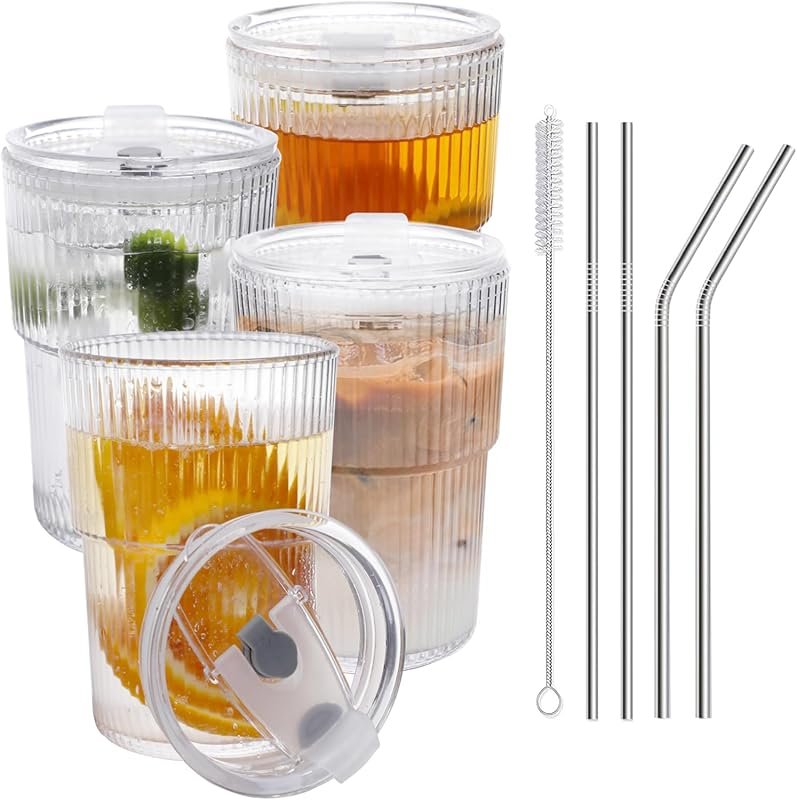 HIGIINC 16 oz Unbreakable Glass Iced Coffee Cups with Lids & Straws, 4