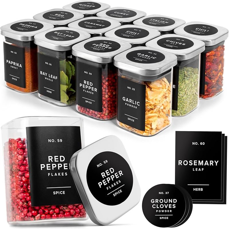 EDELHAUS Glass Spice Jars with Labels and Steel Lids (12 x 6.4oz), Inc