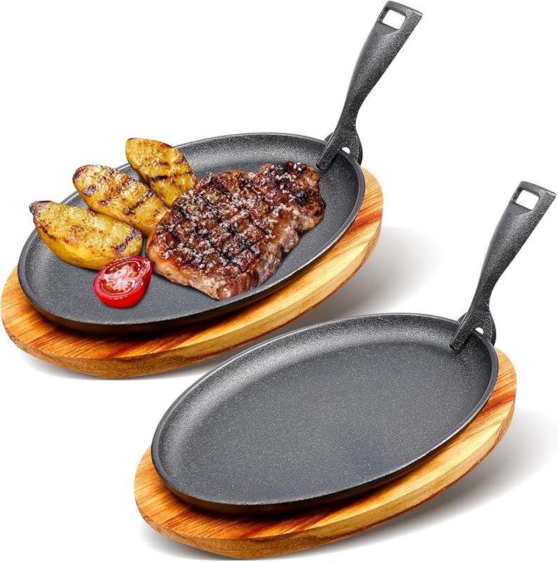FoldTier 2-Pack Cast Iron Fajita Plates with Wooden Base & Removable H