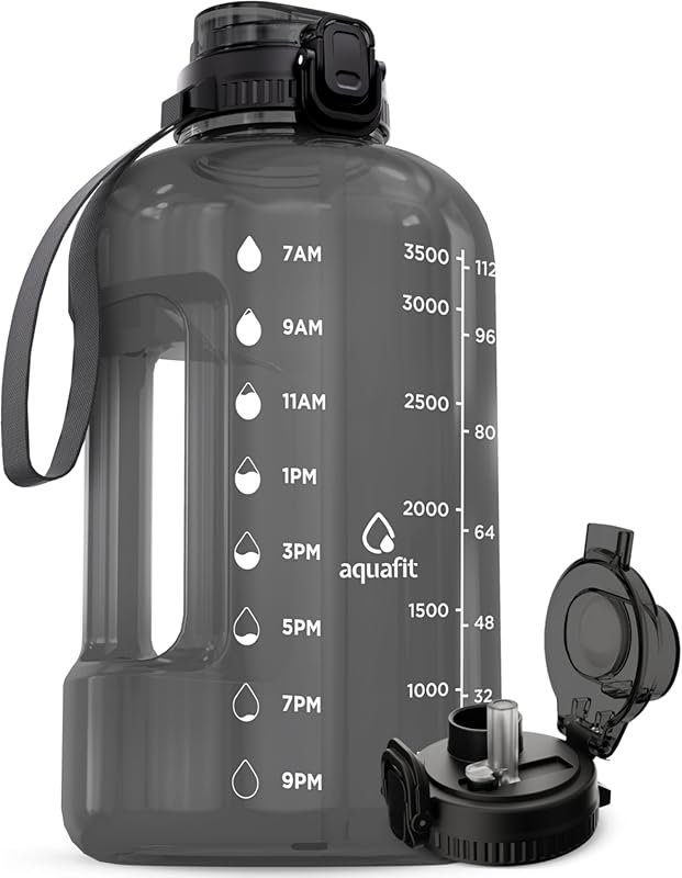 AQUAFIT 128oz 1 Gallon Water Bottle with Time Marker & 2in1 Straw Chug